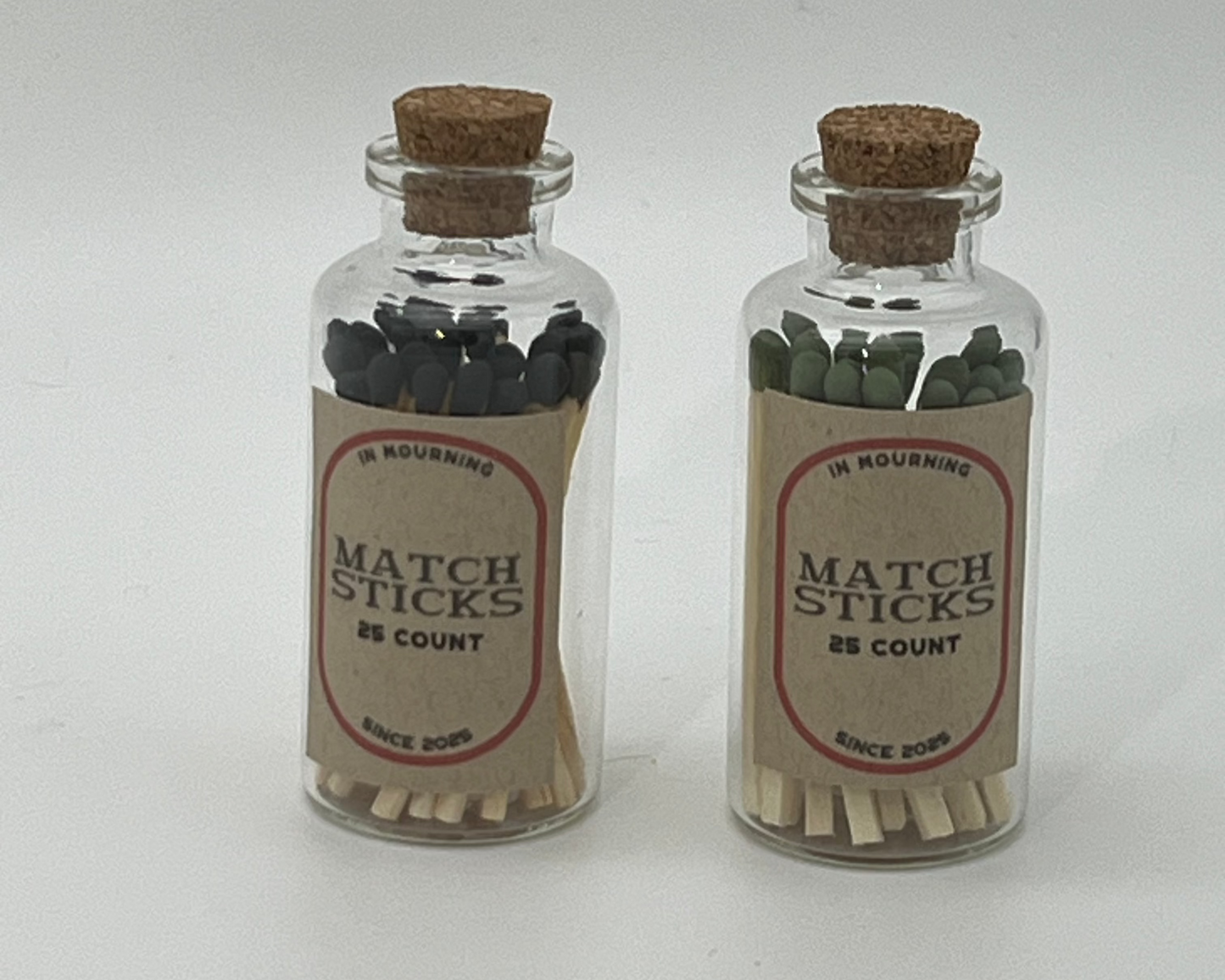 Green and Black Matches in Apothecary Bottles