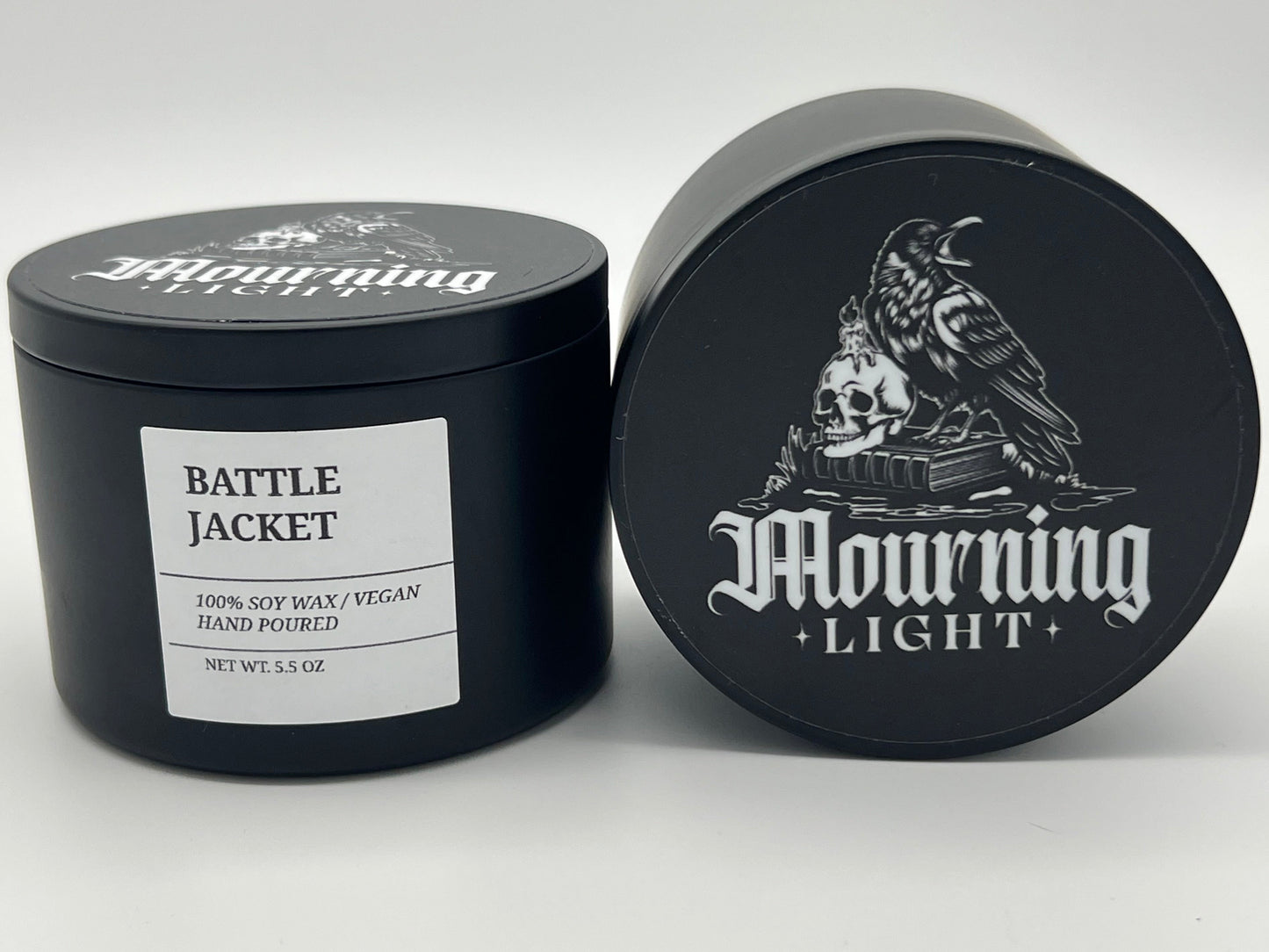 Two Battle Jacket scented soy wax candles.