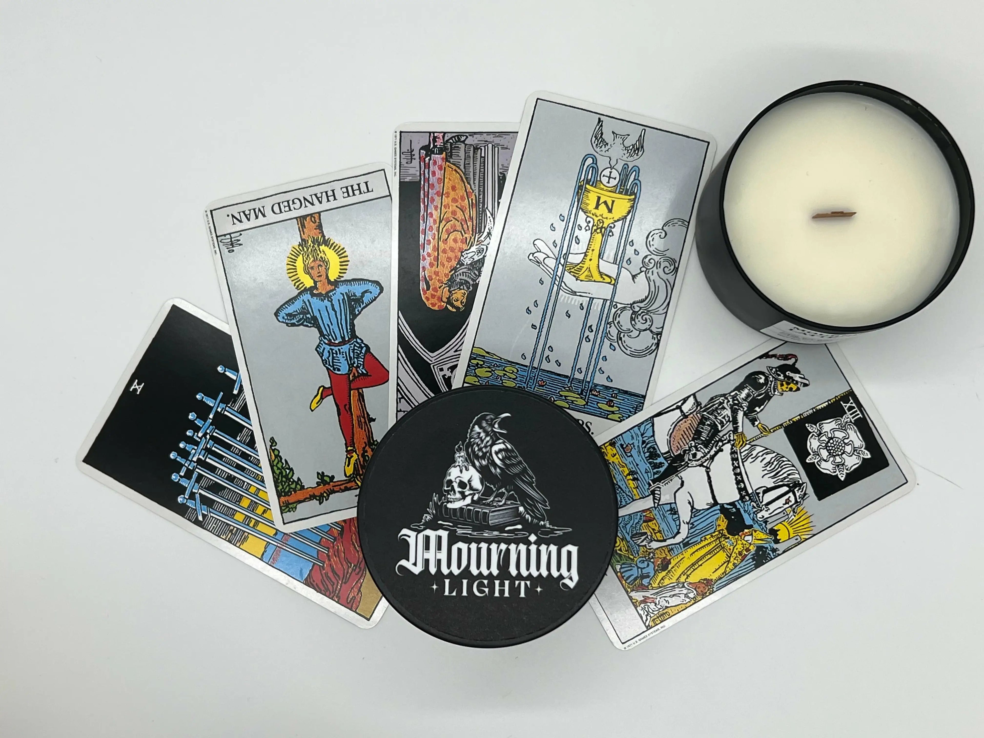 Mourning Light Vegan Candles with Tarot Cards.
